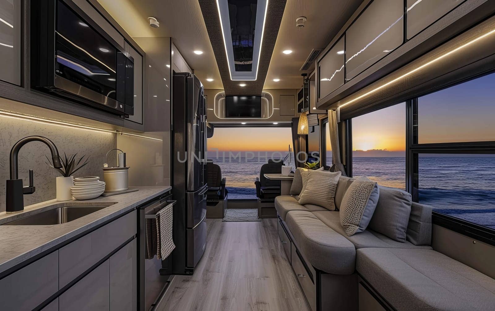The coastal living space inside an RV is bathed in the last light of the day, offering a haven of comfort with a spectacular sea view