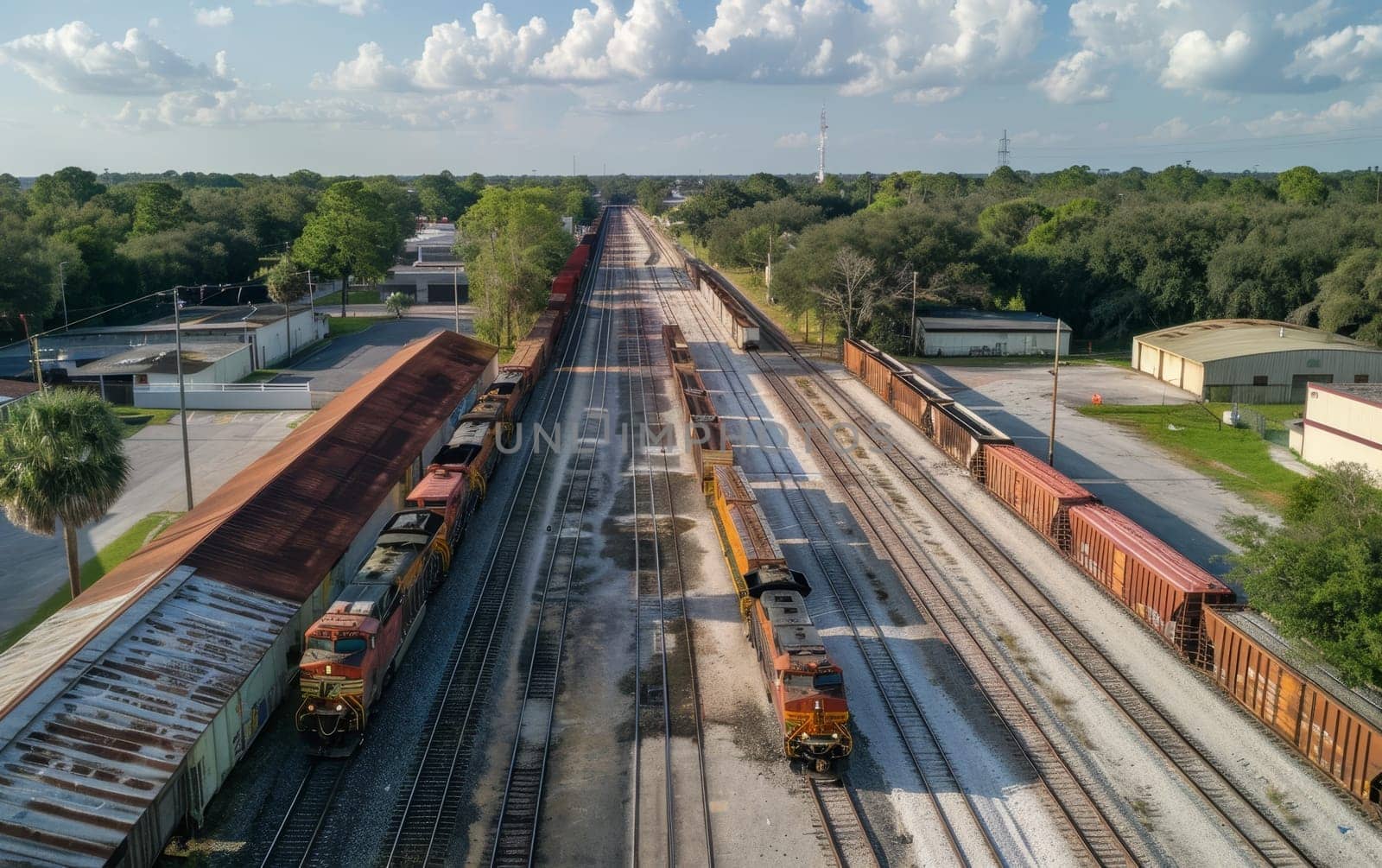 An aerial snapshot of a trainyard, highlighting rail transport and the distribution of goods in a logistic framework