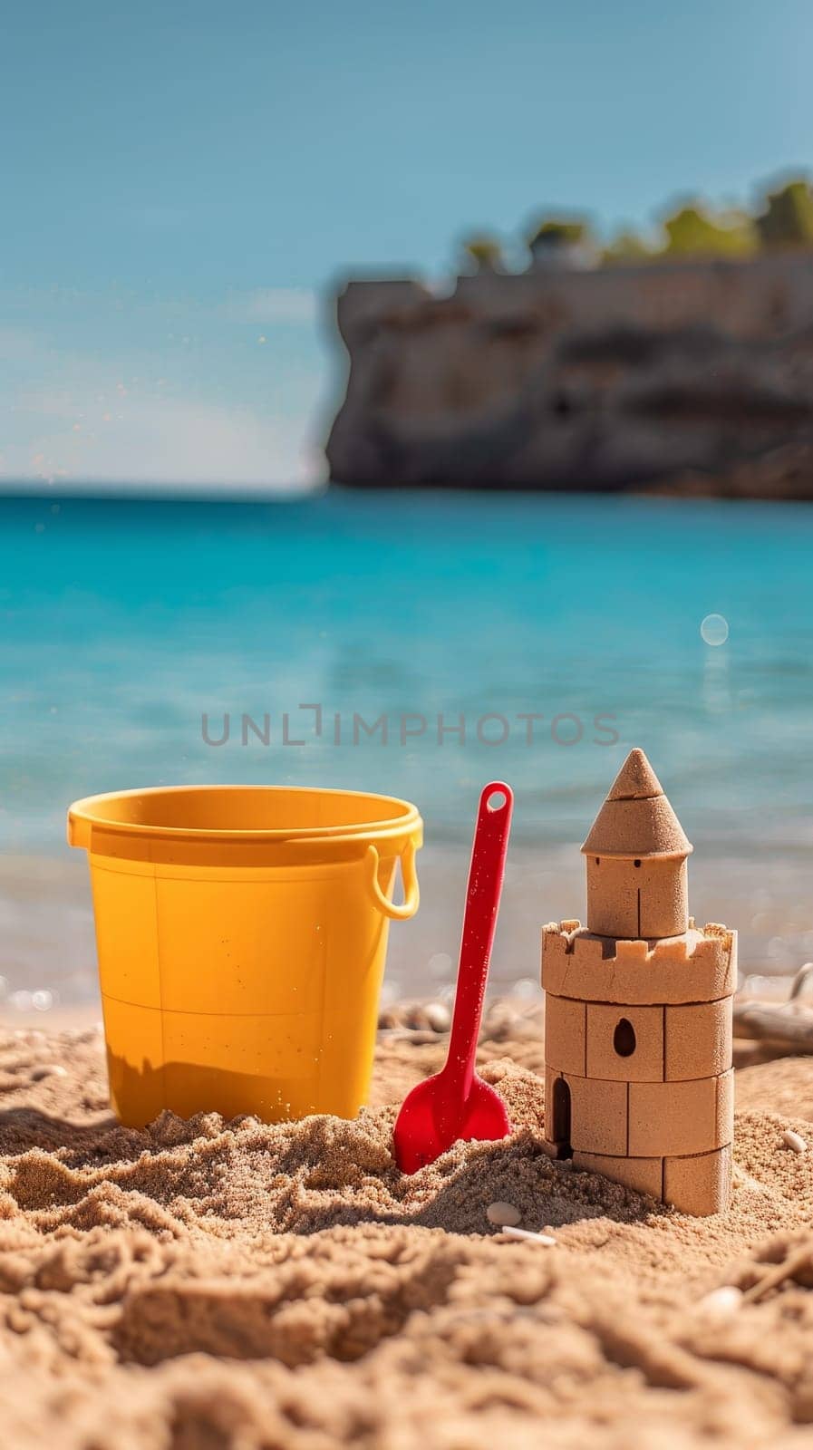 A meticulously crafted sandcastle complements a yellow bucket and red shovel, set against a serene beach backdrop