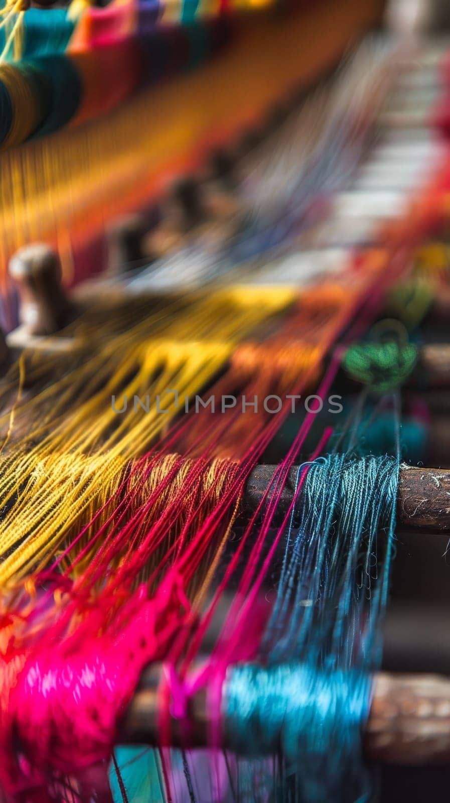 A close-up view of vibrant threads on a traditional loom, showcasing the intricate art of weaving and the rich texture of the materials used