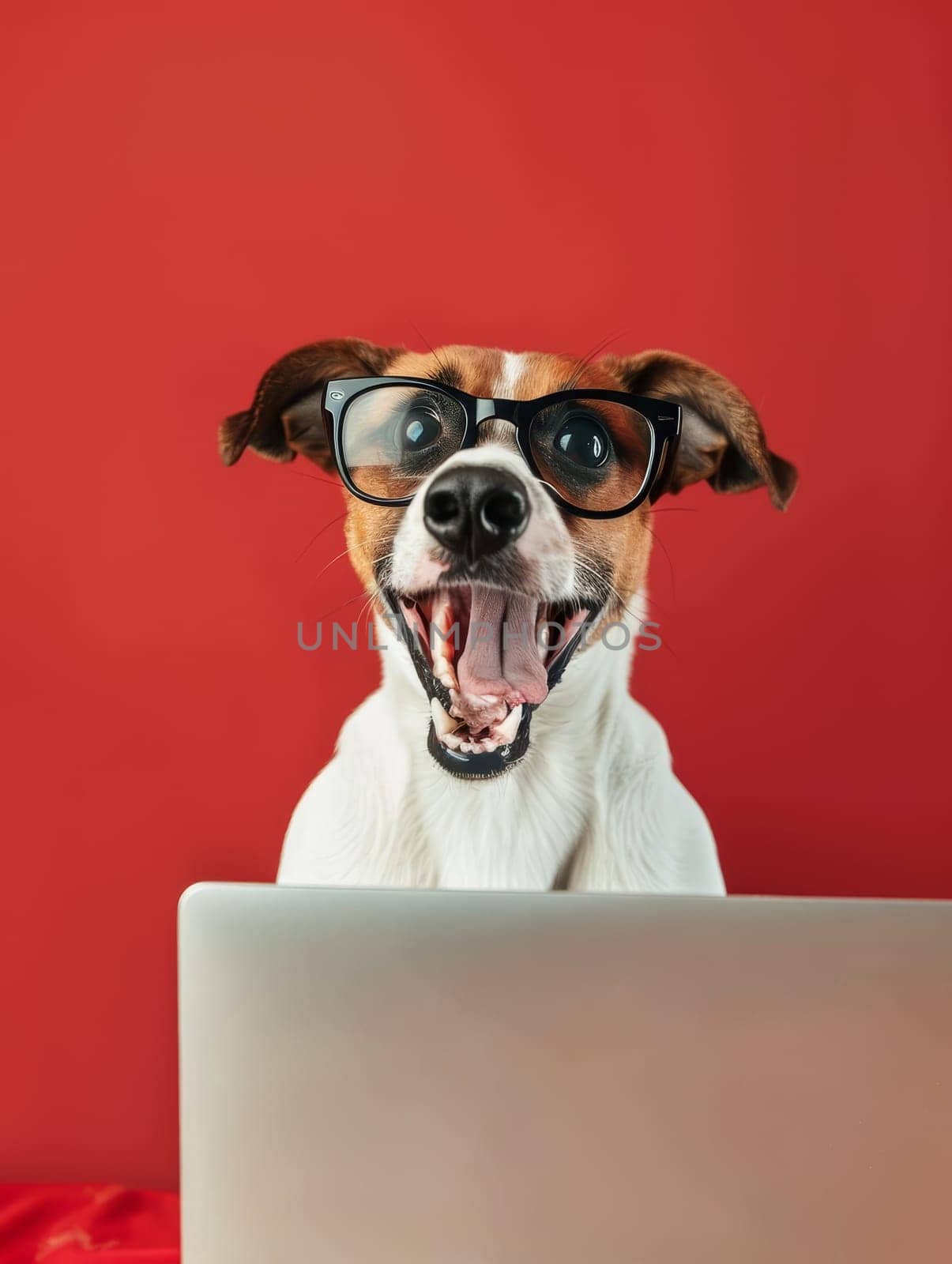 A charming Jack Russell Terrier wearing glasses with a wide, joyful smile, seated behind a laptop on a red background