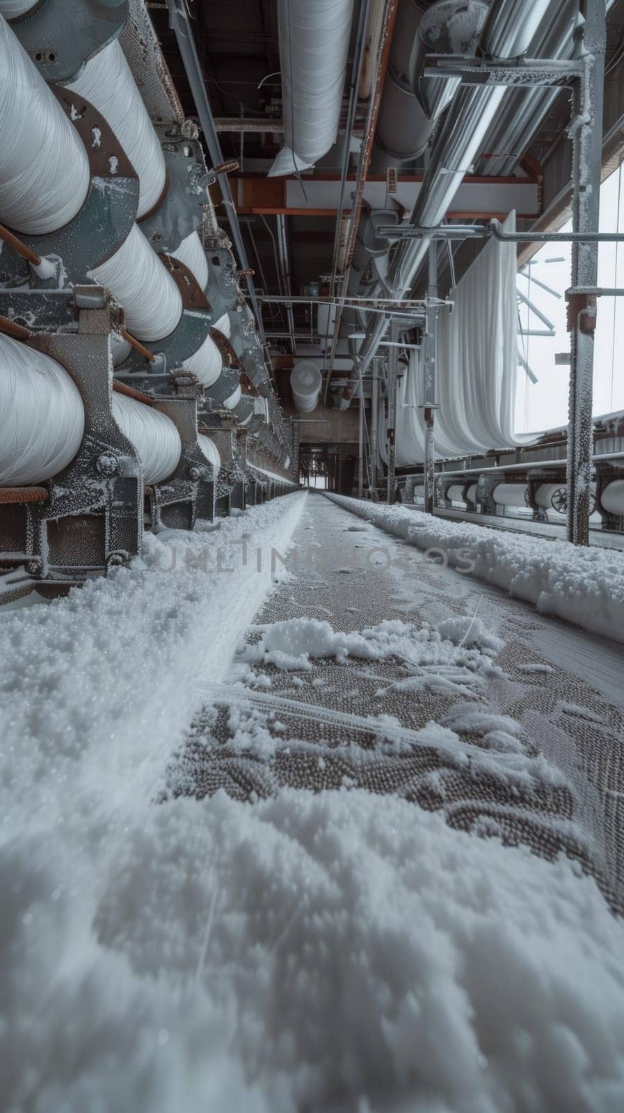 A textile mill's walkway is dusted with snow, juxtaposing industrial machinery with elements of winter, highlighting the stark contrast between the warmth of production and the chill of nature