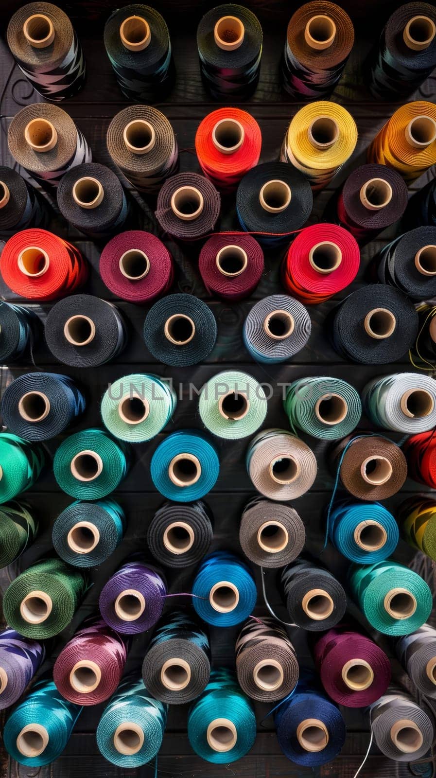 A vertical arrangement of textile spools presents a vibrant collection of threads in various colors, showcasing potential for diverse fabric projects