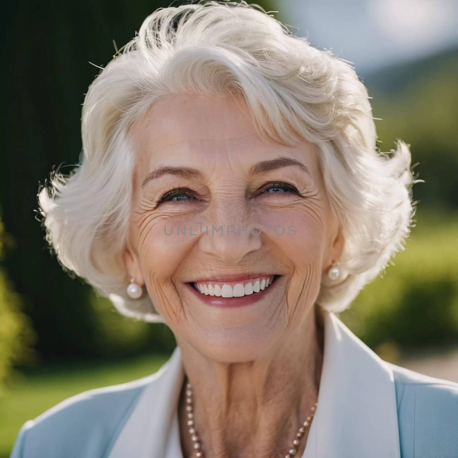 Sophisticated smiling older French woman in the open air. Demeanor reveals a lifetime of experiences and reflections, embodying grace and wisdom. Well-groomed woman 70 years old with grey hair. AI.