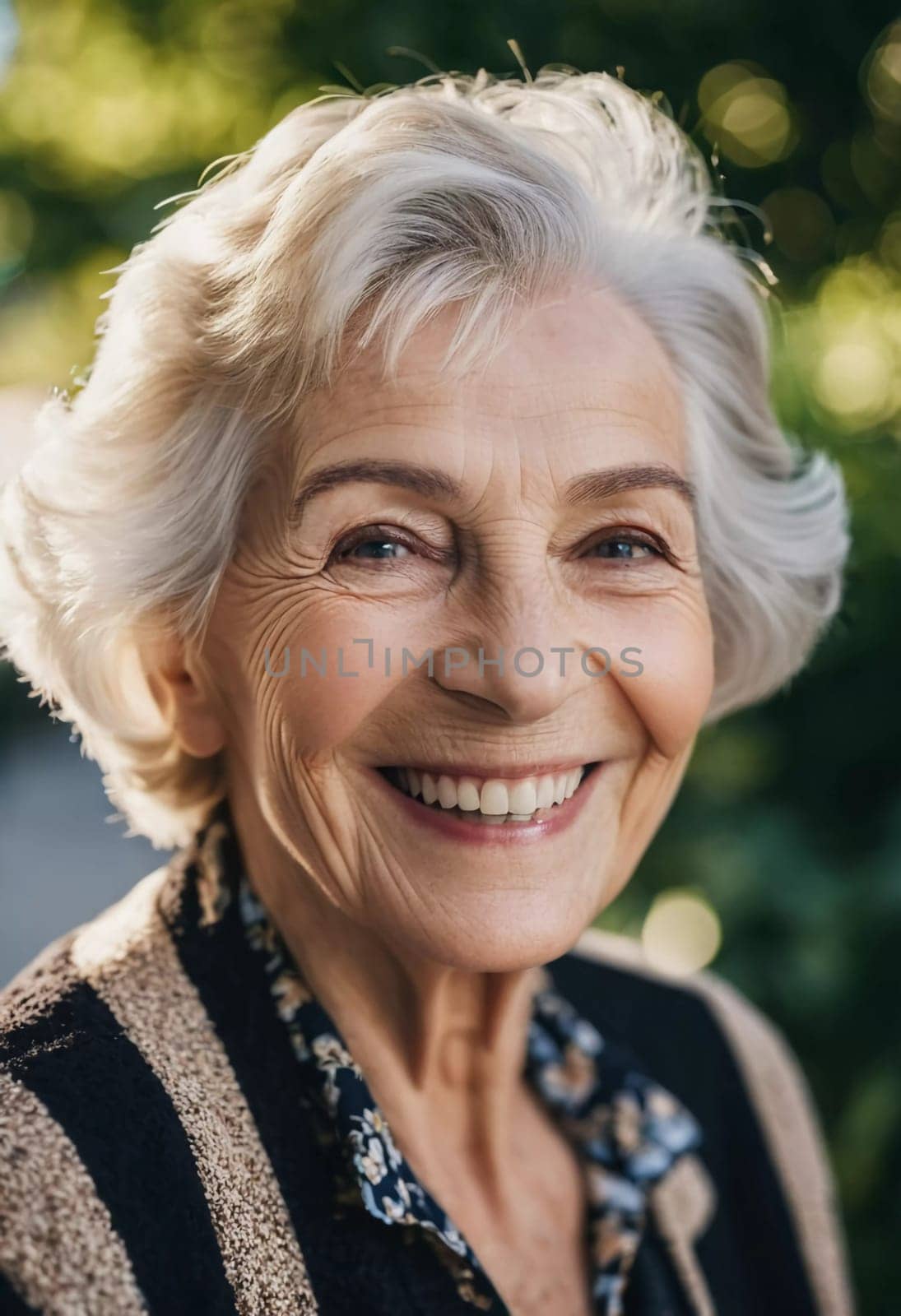 Sophisticated smiling older French woman in the open air. Demeanor reveals a lifetime of experiences and reflections, embodying grace and wisdom. Well-groomed woman 70 years old with grey hair. AI.