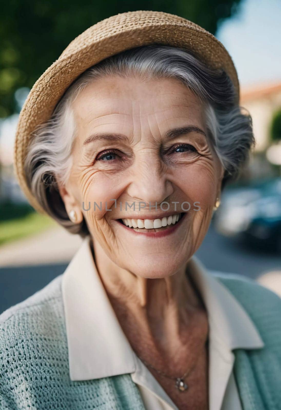 Sophisticated smiling older French woman in the open air. Demeanor reveals a lifetime of experiences and reflections, embodying grace and wisdom. Well-groomed woman 70 years old with grey hair. AI.