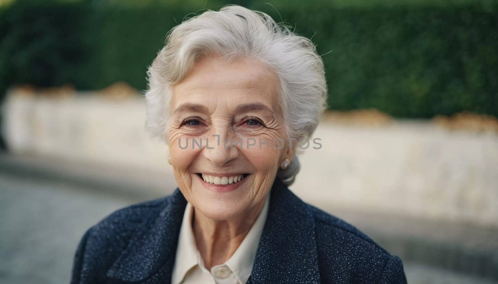 Sophisticated smiling older French woman in the open air. Demeanor reveals a lifetime of experiences and reflections, embodying grace and wisdom. Well-groomed woman 70 years old with grey hair. AI.