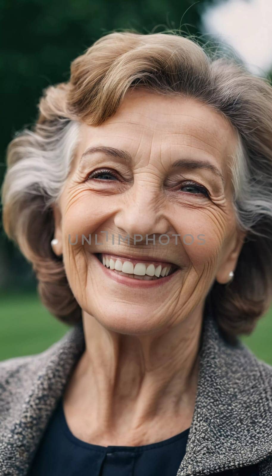 Sophisticated smiling older French woman in the open air. Demeanor reveals a lifetime of experiences and reflections, embodying grace and wisdom. Well-groomed woman 70 years old with grey hair. AI.