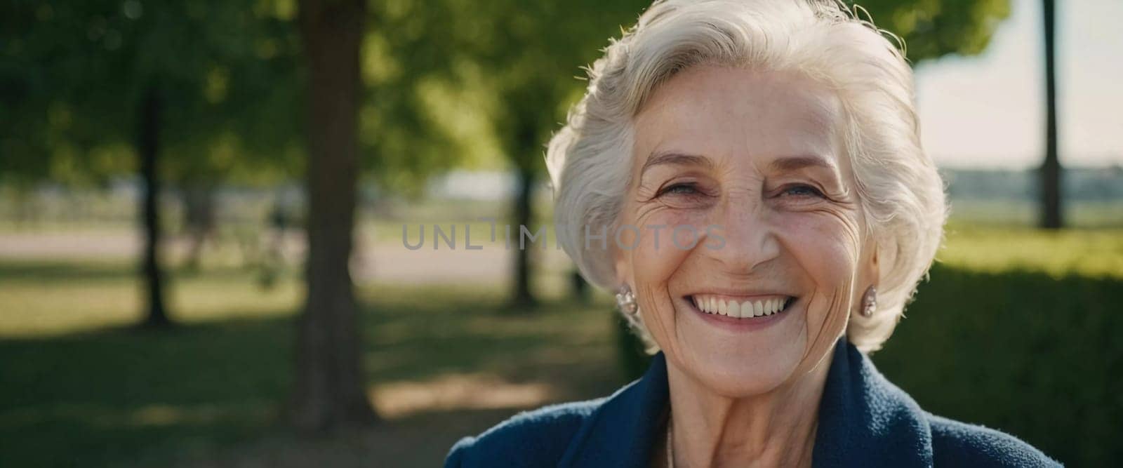 Sophisticated smiling older French woman in the open air. Demeanor reveals a lifetime of experiences and reflections, embodying grace and wisdom. Well-groomed woman 70 years old with grey hair. AI.