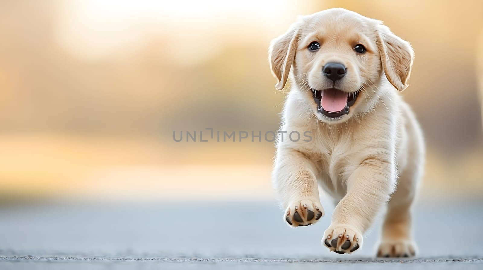 cute labrador puppy running towards camera with a joyful expression, full of energy and excitement. themes of playfulness and fun. AI generated image