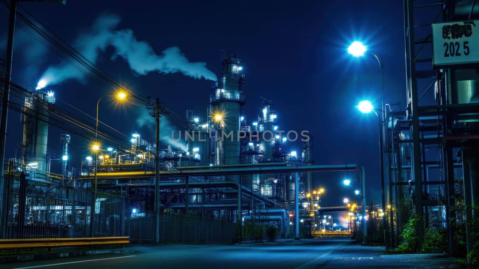 The industrial plant features towering structures and smoke stacks illuminated by bright street lights under a dark night sky.