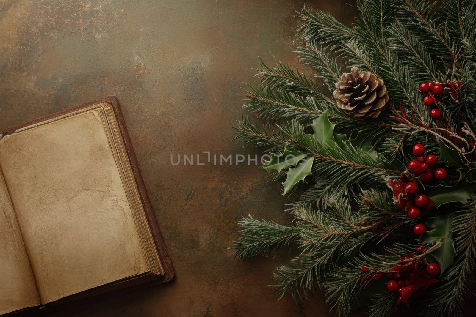 A vintage book rests beside festive greenery featuring holly pinecones and red berries creating a cozy holiday ambiance.