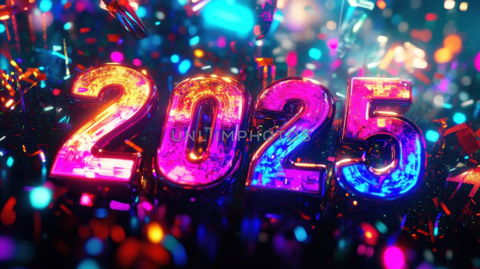 A vibrant display of 2025 with multicolored lights and swirling confetti capturing the festive spirit of New Years celebrations.