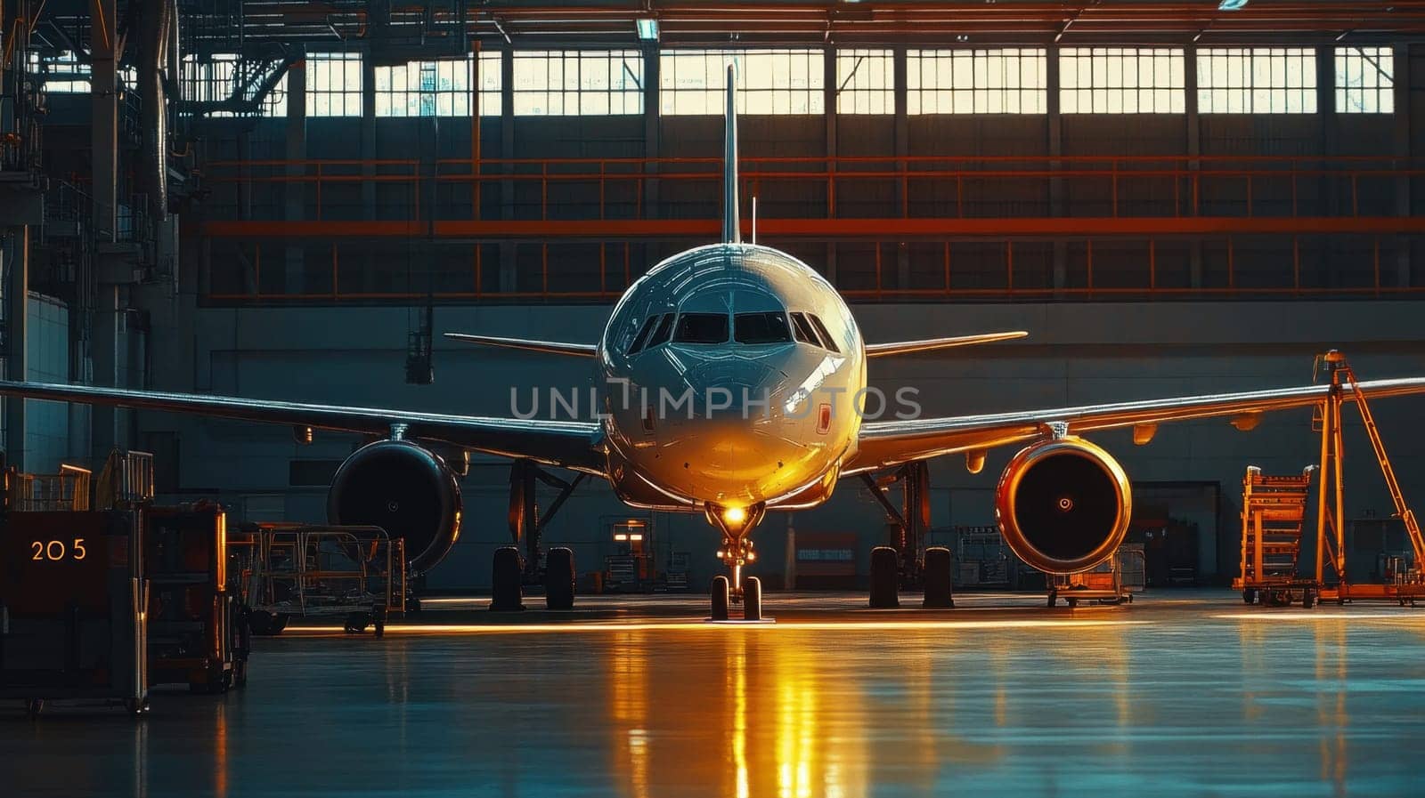 A sleek aircraft is parked inside a spacious hangar illuminated by warm golden hour light filtering through large windows.