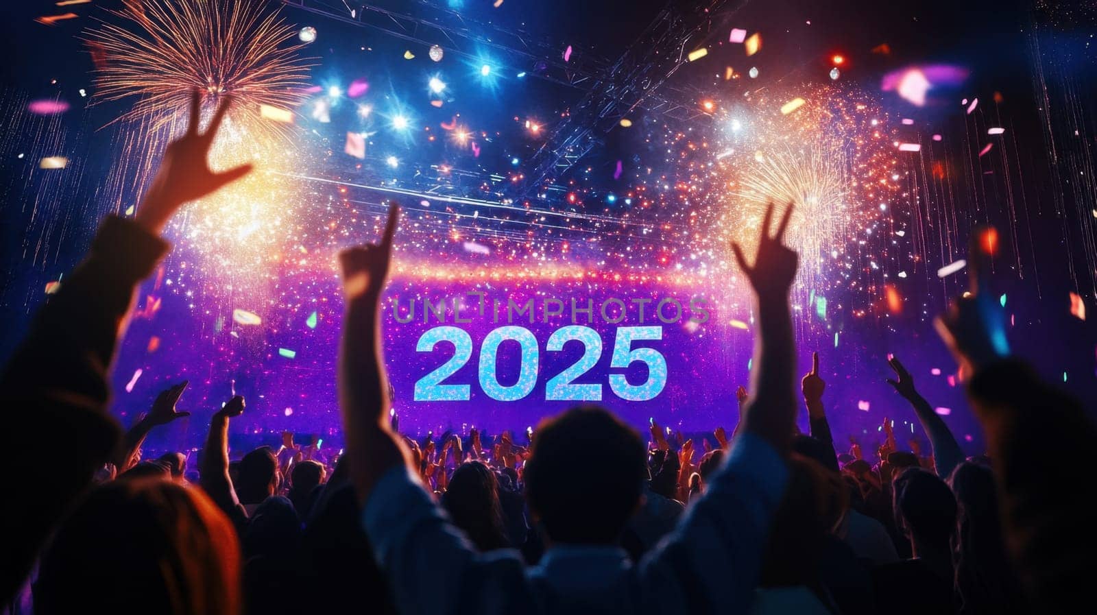 Crowds cheer as fireworks explode welcoming the New Year 2025 amid vibrant lights and excitement filling the atmosphere.