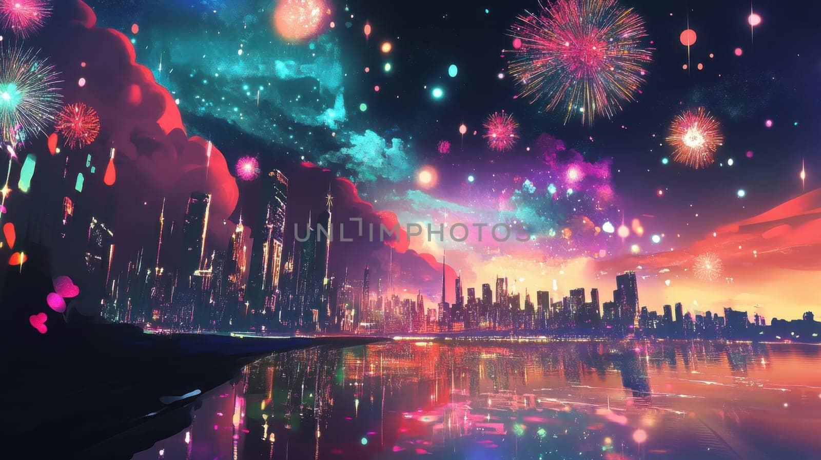 Fireworks burst in vibrant colors above a city skyline reflecting in calm waters during dusk creating a magical atmosphere.
