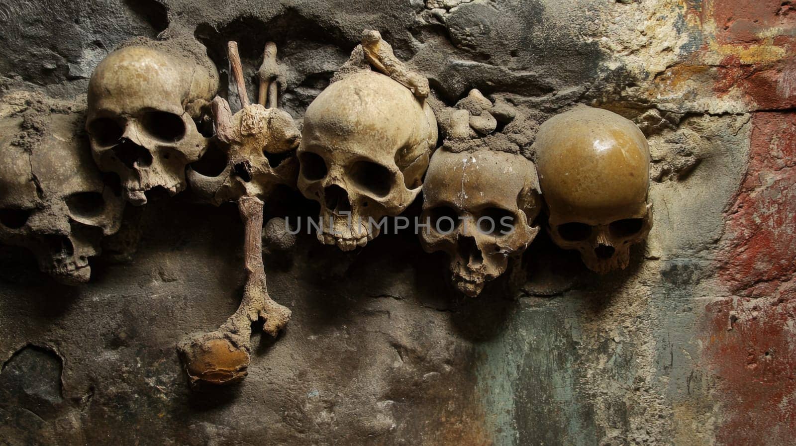 A collection of ancient human skulls arranged on a stone wall in an underground context revealing historical significance and intrigue.