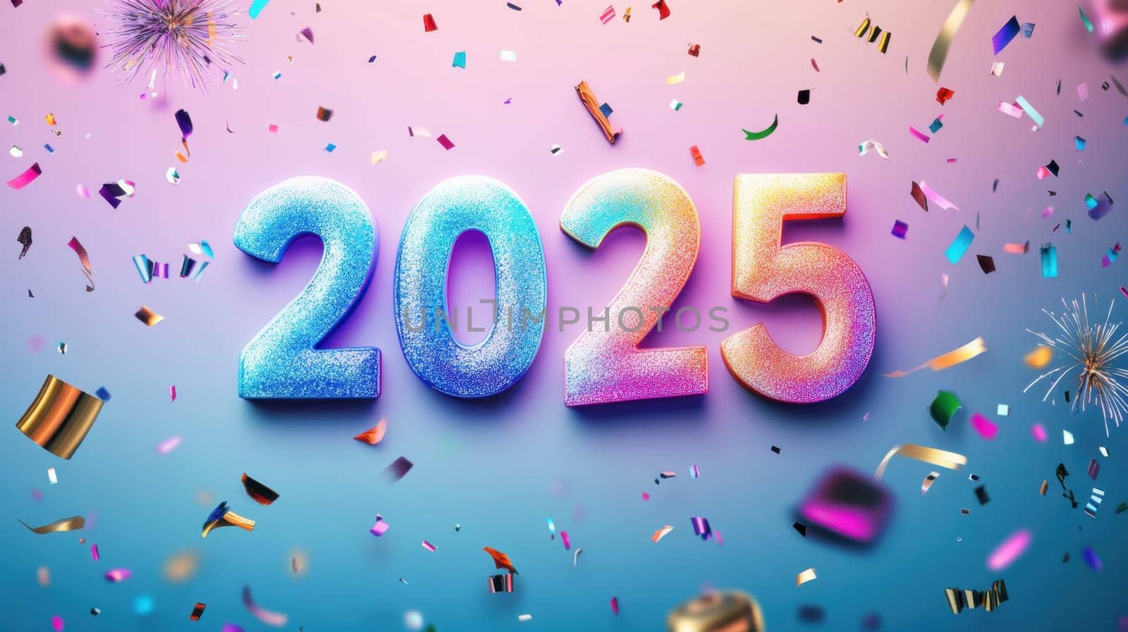 Colorful confetti surrounds the stylized number 2025 creating a festive atmosphere for New Years celebrations.