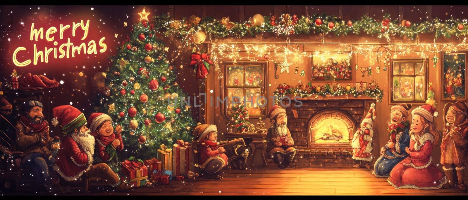 Families celebrate Christmas in a warmly decorated room enjoying presents a tree and a crackling fireplace.