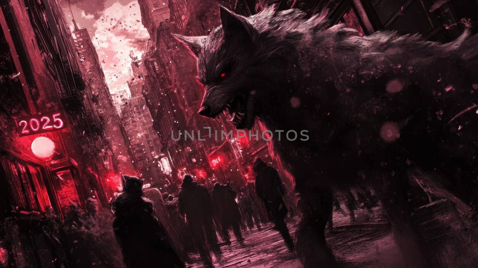 A massive wolf creature stalks through a shadowy city street filled with red lights and distant figures creating a mysterious atmosphere.