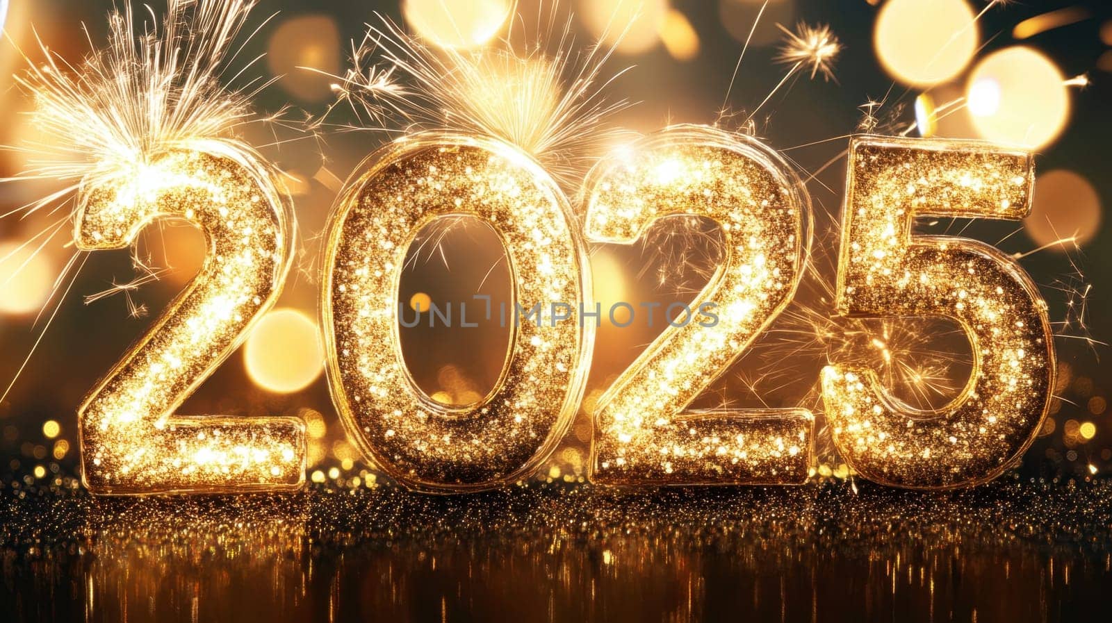 Brightly lit golden numbers 2025 sparkle against a blurred background creating a festive atmosphere for New Year celebrations.