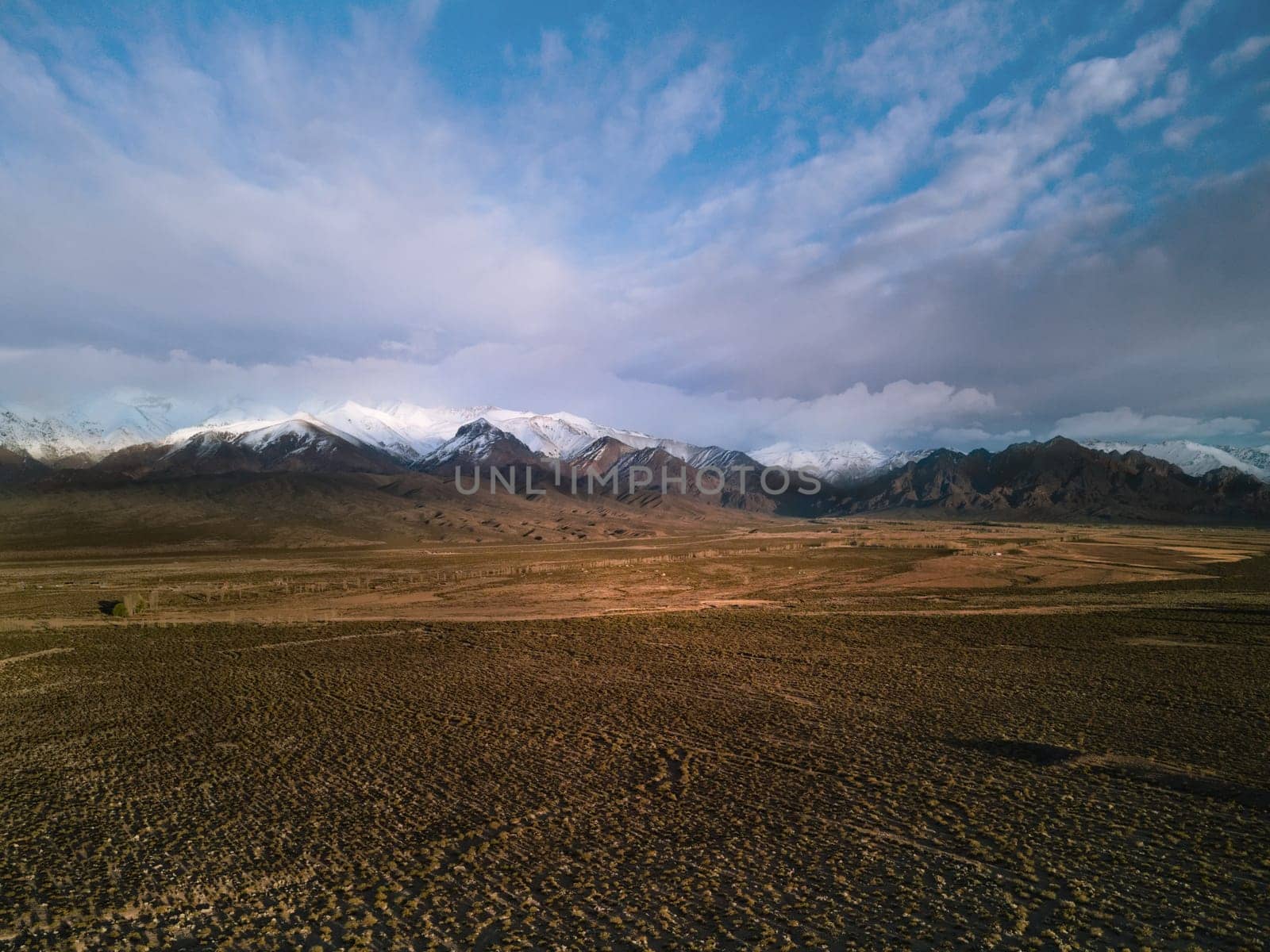 Desert steppe by the Andes mountains near Uspallata, Argentina. Aerial view.