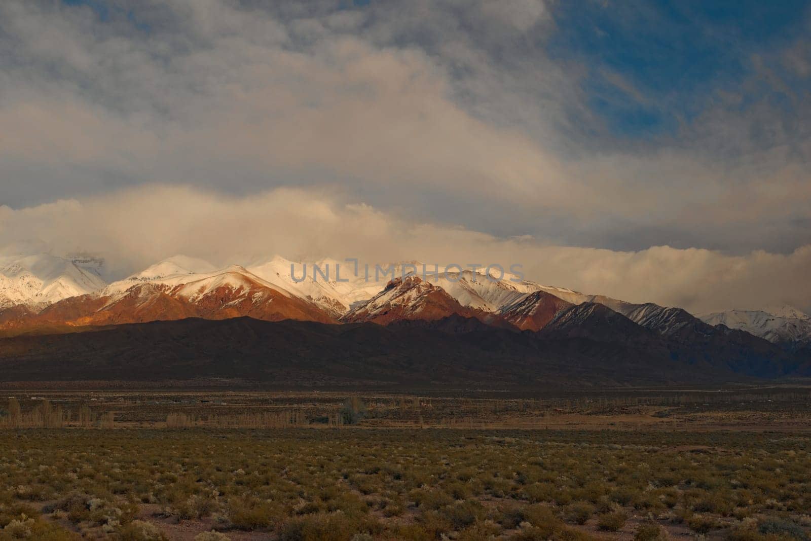 Snow-covered Andes mountains at dawn near Uspallata, Argentina.