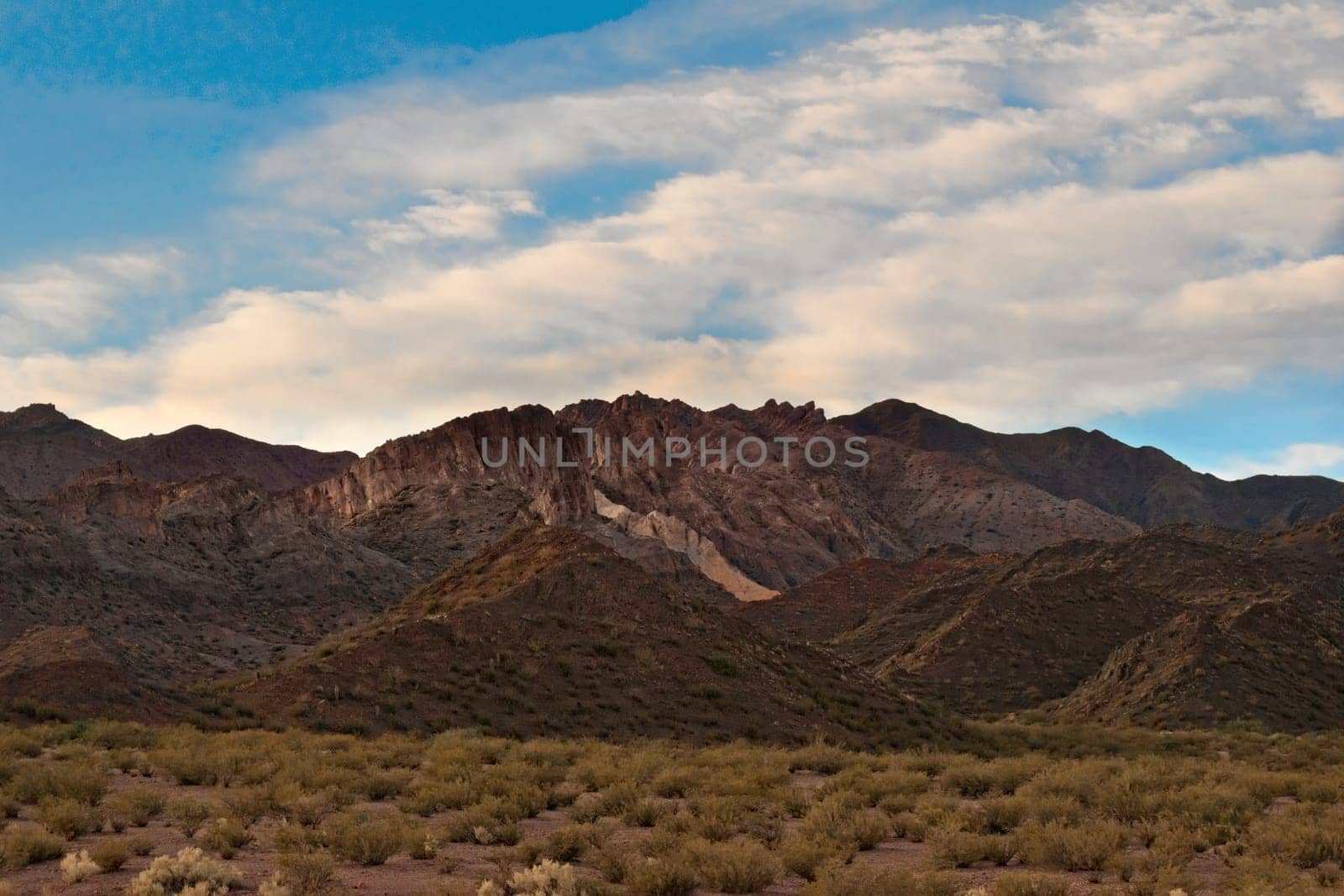 Craggy sierra near Andes mountains at dawn near Uspallata, Argentina.