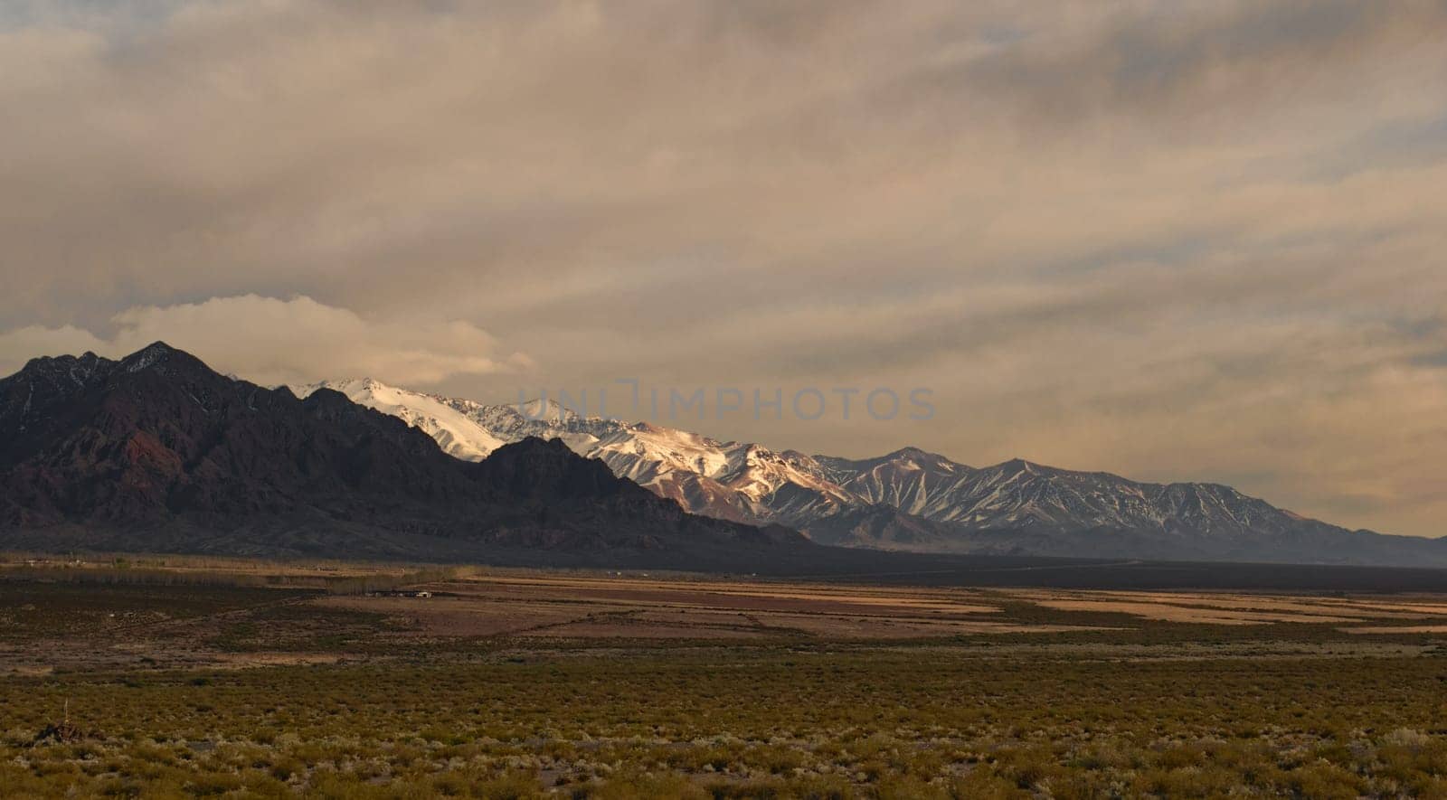Snow-covered Andes mountains at dawn near Uspallata, Argentina.