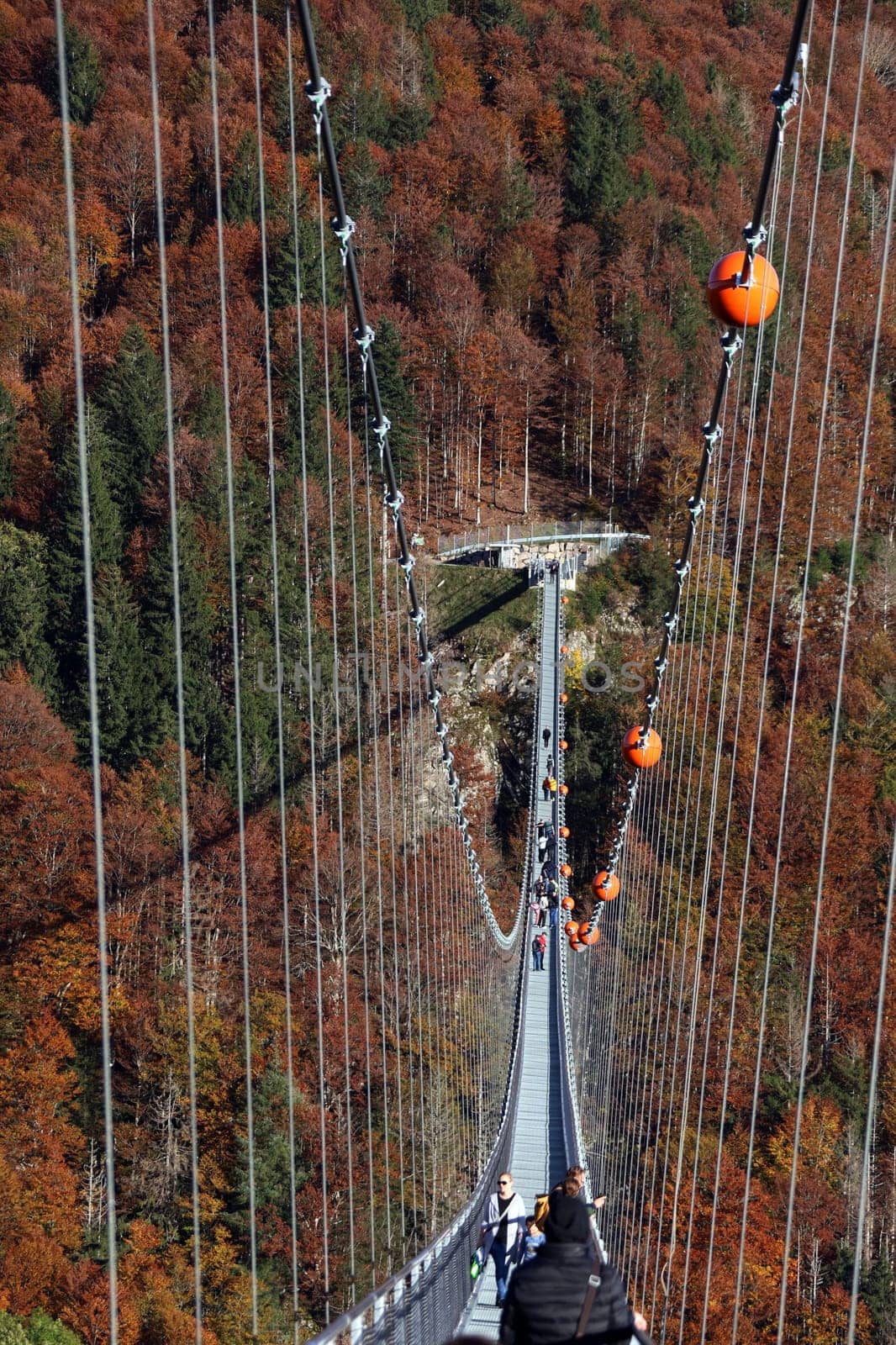 In wonderful late summer weather,visitors were offered a magnificent view and a touch of Indian summer feeling on Sunday during an autumn walk over the 450-metre-long Blackforestline suspension bridge in Todtnau/Todtnauberg (Lörrach district),120 metres above the ground
