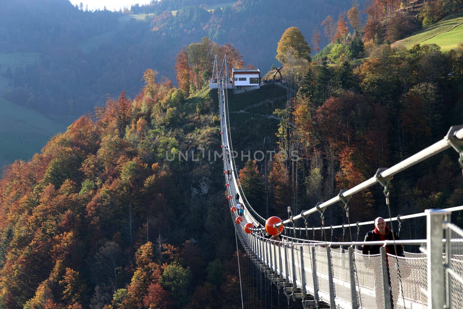 In wonderful late summer weather,visitors were offered a magnificent view and a touch of Indian summer feeling on Sunday during an autumn walk over the 450-metre-long Blackforestline suspension bridge in Todtnau/Todtnauberg (Lörrach district),120 metres above the ground