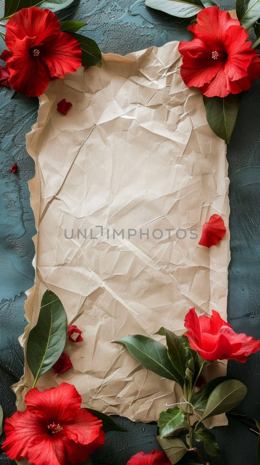 A textured composition featuring red hibiscus flowers and lush leaves arranged around crumpled brown paper on a dark surface, evoking artistic expression