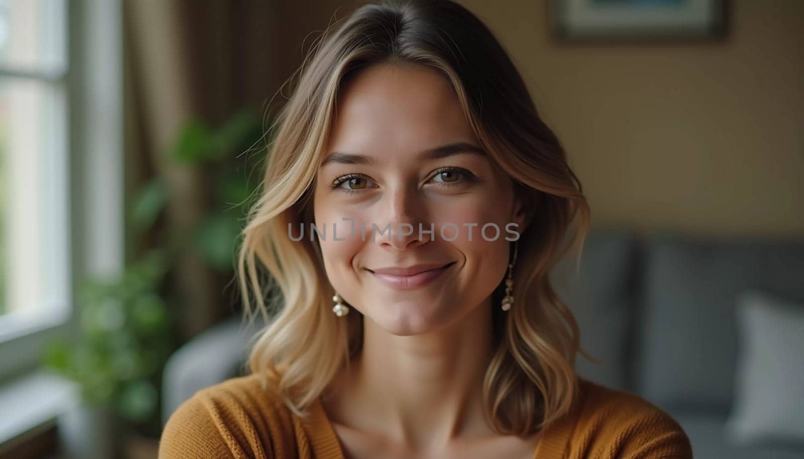 A French Caucasian beautiful young resident woman with wavy hair shares a genuine smile while standing indoors, illuminated by natural light, creating an inviting atmosphere. Generative AI.