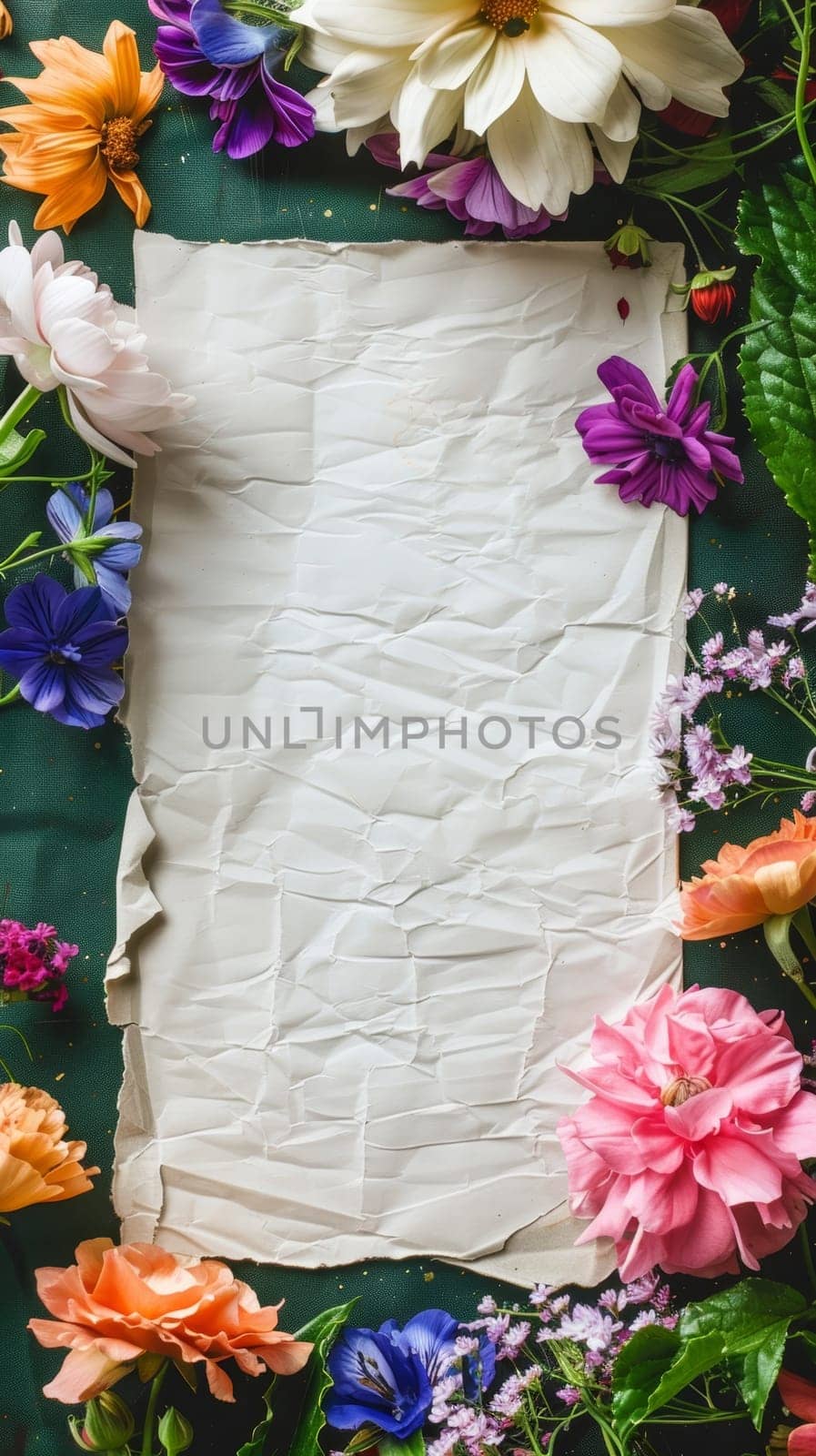 A textured crumpled paper surrounded by an assortment of vibrant flowers, conveying a natural and artistic aesthetic ideal for invitations or spring themes