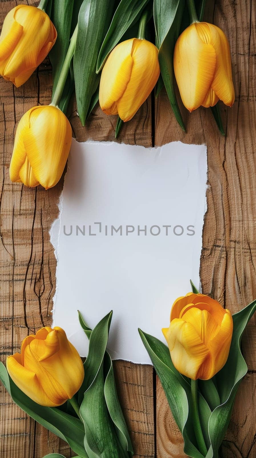 A creative arrangement of vibrant yellow tulips and a piece of torn white paper centered on a rustic wooden background, invoking a fresh, springtime mood