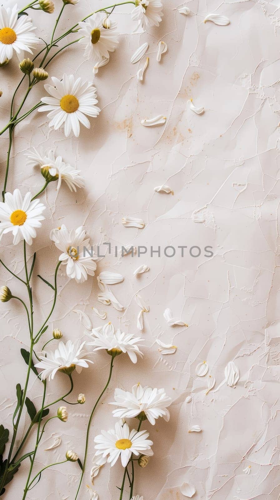 An elegant arrangement of fresh white daisies with vibrant yellow centers, scattered petals and buds on a cracked beige surface, exuding simplicity and tranquility