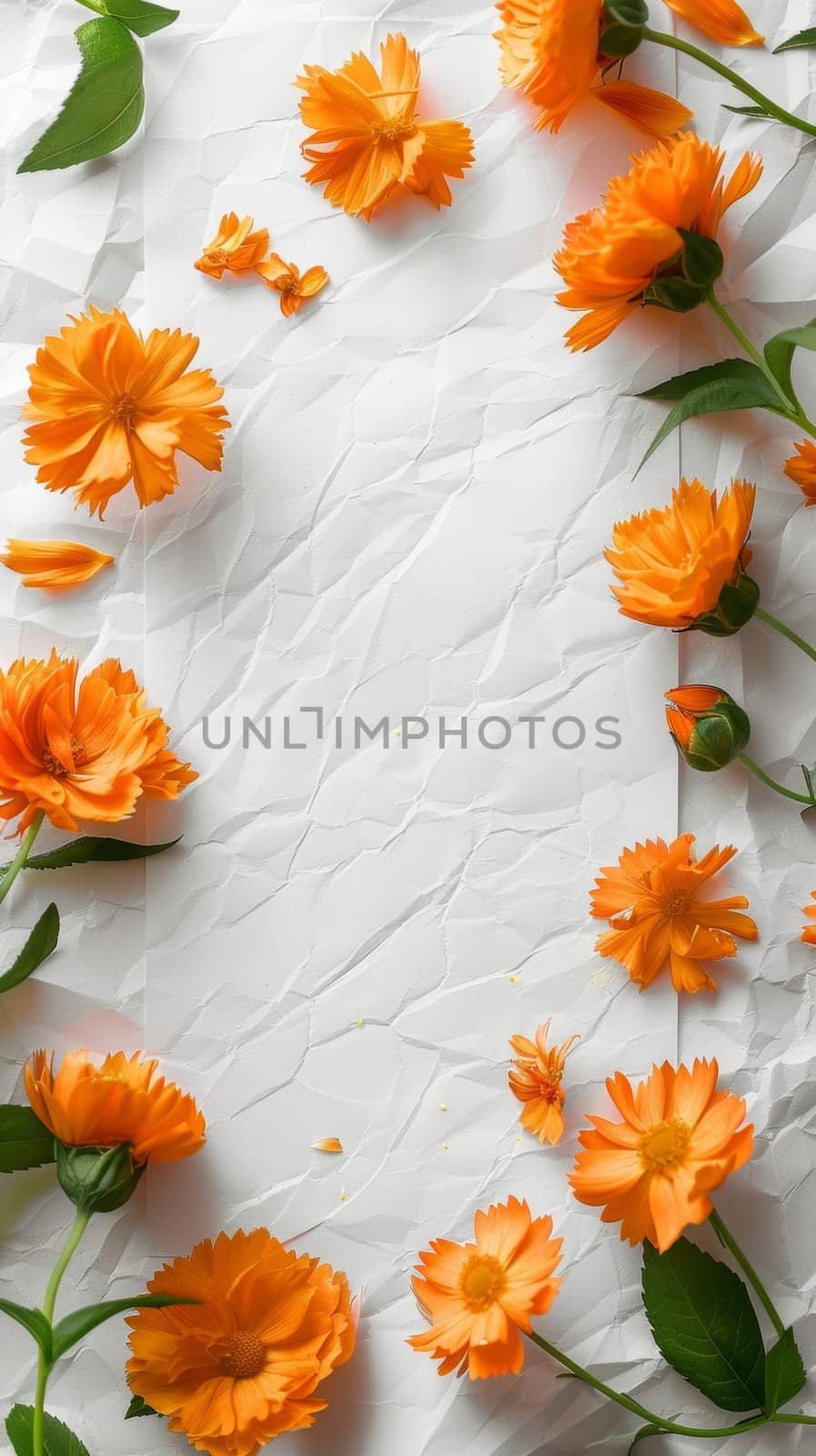 A captivating display of orange flowers scattered on a textured paper background, evoking a sense of fresh elegance