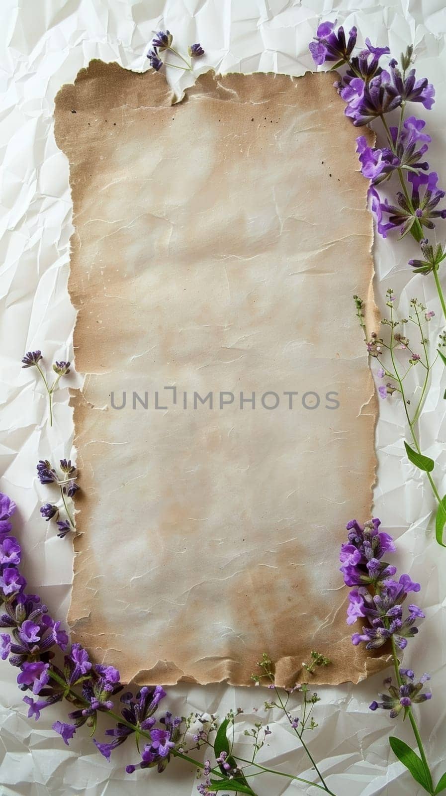 A rustic and artistic display featuring aged paper with torn edges, surrounded by delicate purple lavender sprigs arranged on a crinkled white backdrop, evoking a sense of vintage charm and beauty