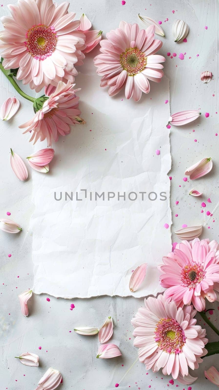 A fresh and vibrant display of pink gerbera flowers alongside scattered petals and a crumpled white paper on a textured surface, perfect for greetings or invitations