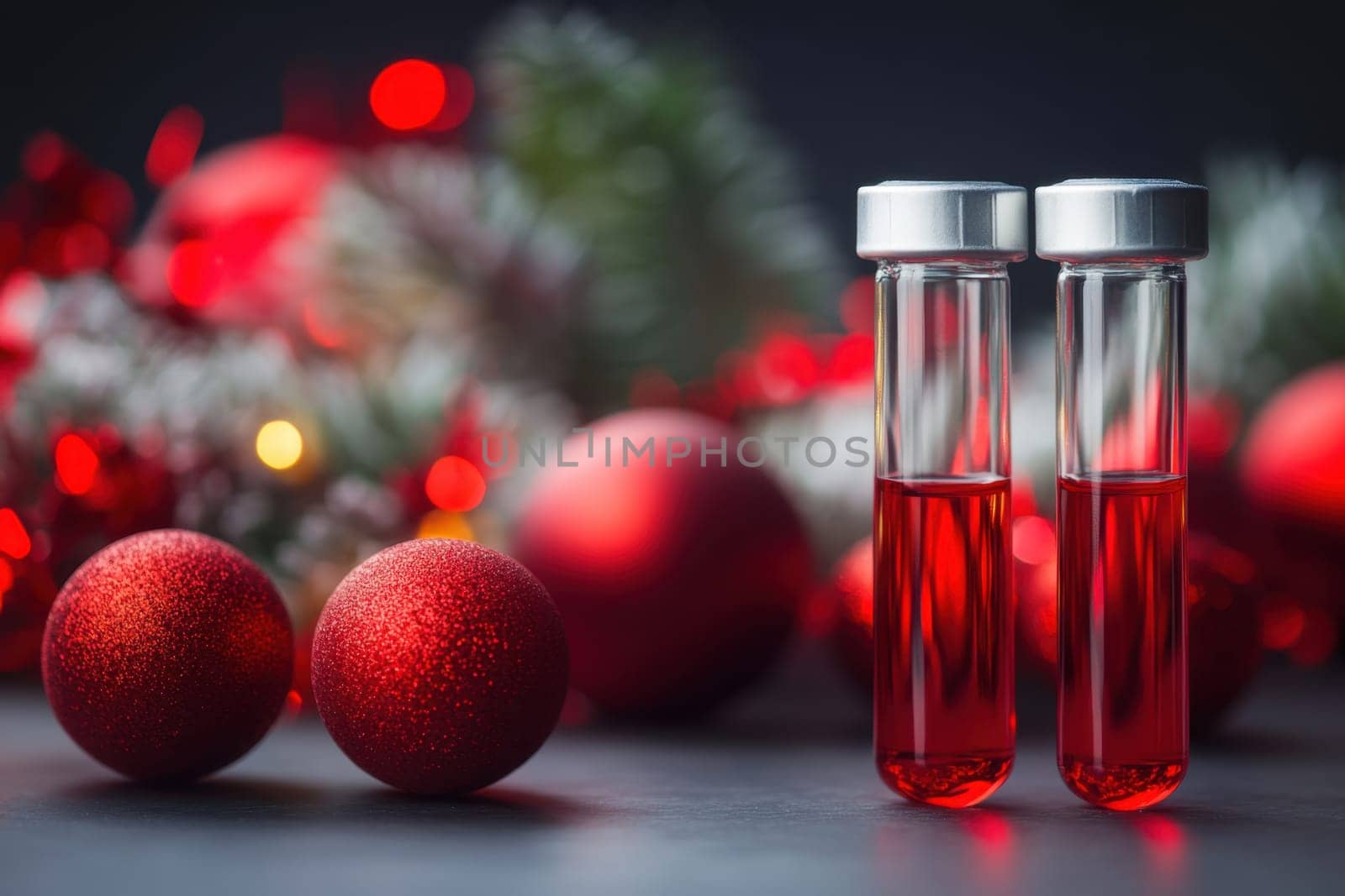 Two test tubes filled with red liquid sit beside shiny ornaments among festive decorations creating a vibrant holiday atmosphere.