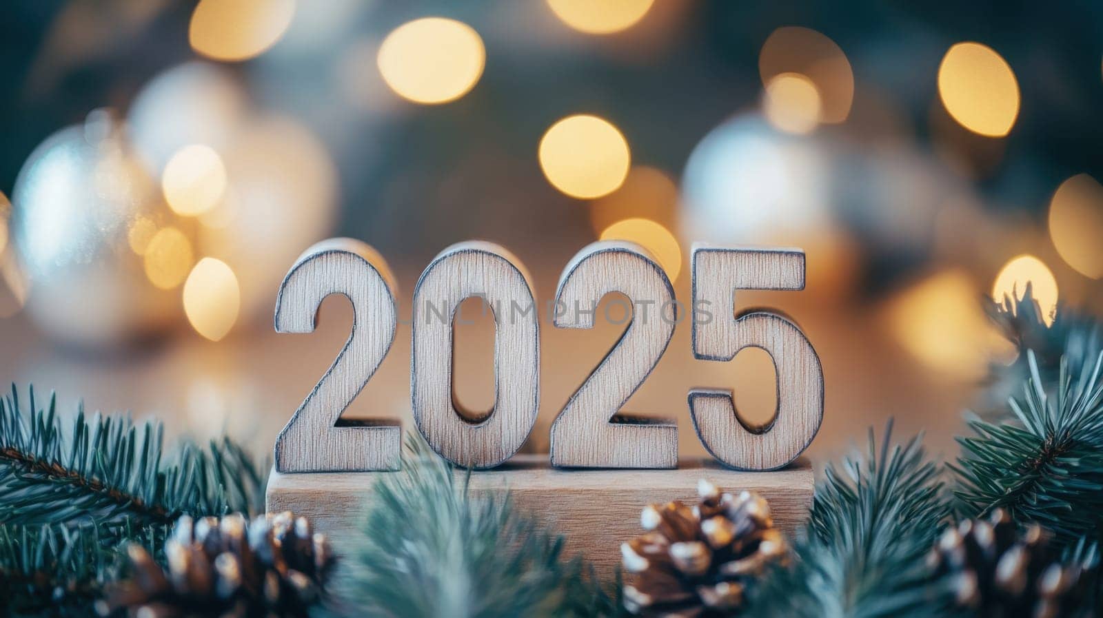 The wooden numbers for twenty twenty five are arranged among festive decorations and pine branches during a winter celebration.