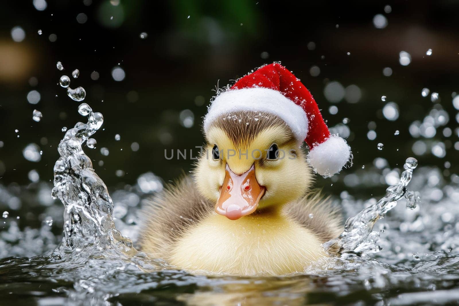 A duckling joyfully splashes in water while wearing a festive Santa hat creating a delightful holiday atmosphere in nature.