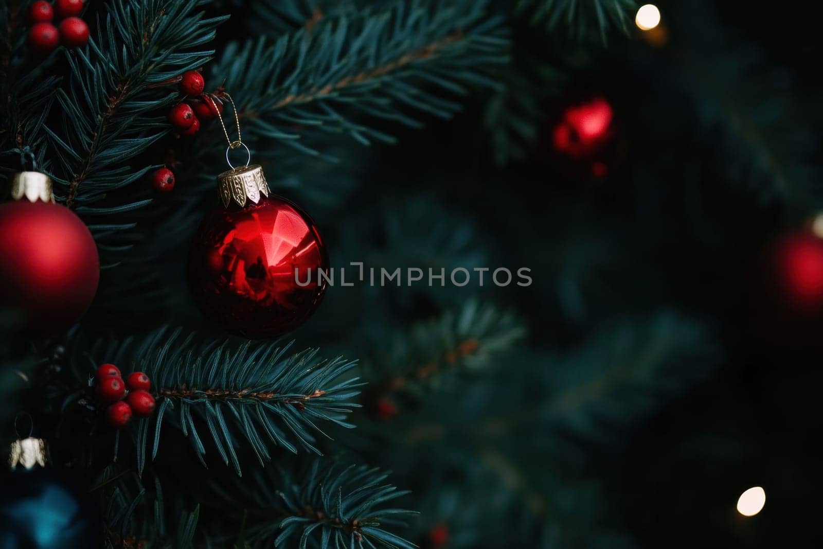 The lush branches of a Christmas tree adorned with vibrant red ornaments and bright berries create a holiday atmosphere.
