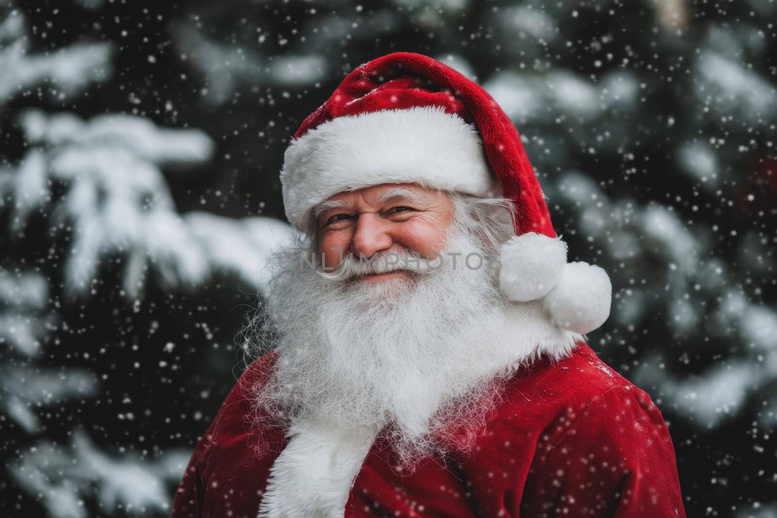 A cheerful Santa Claus with a white beard and red suit smiles as snowflakes gently fall around him in a festive winter landscape.