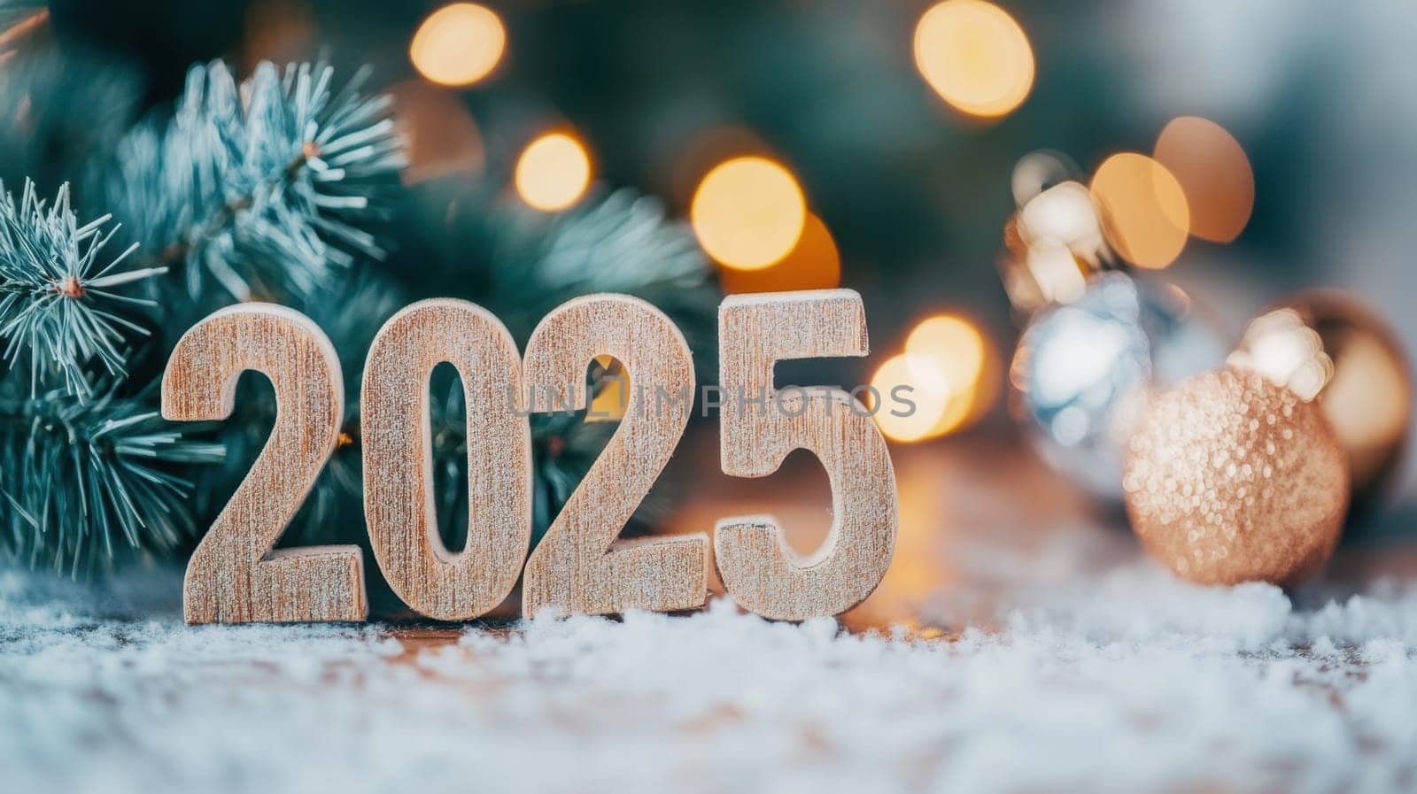 Wooden numbers mark the arrival of 2025 surrounded by festive decorations and evergreen branches highlighting a seasonal celebration.