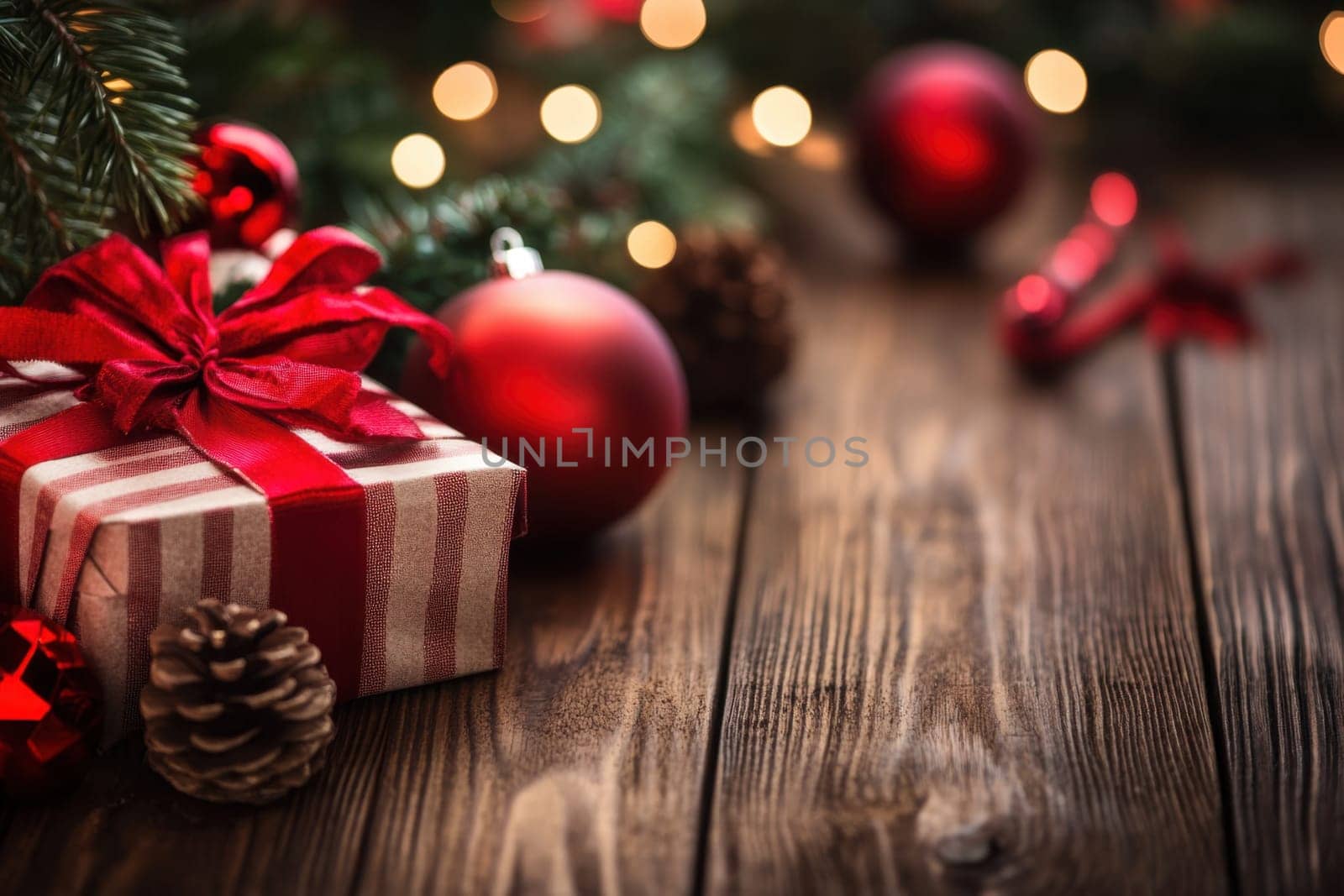 A beautifully wrapped gift with red ribbon sits amid Christmas ornaments on a rustic wooden surface decorated with pine cones.