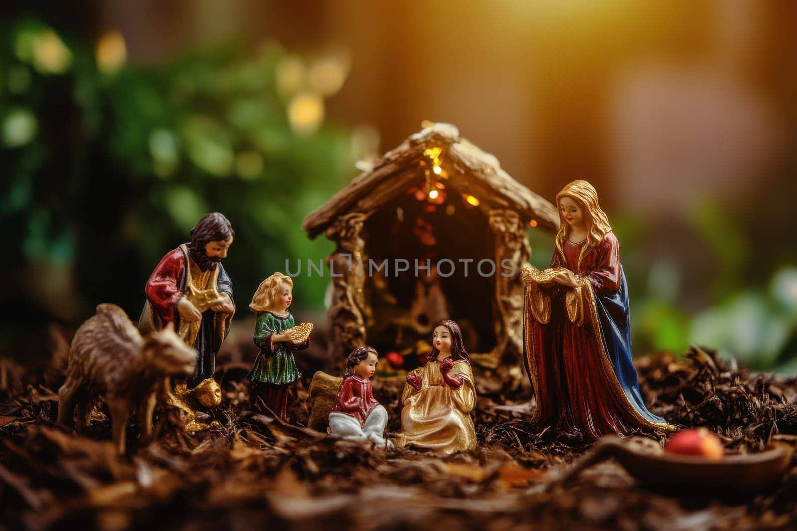 A beautifully arranged nativity scene with figurines depicting the birth of Jesus surrounded by family and animals in a festive setting.