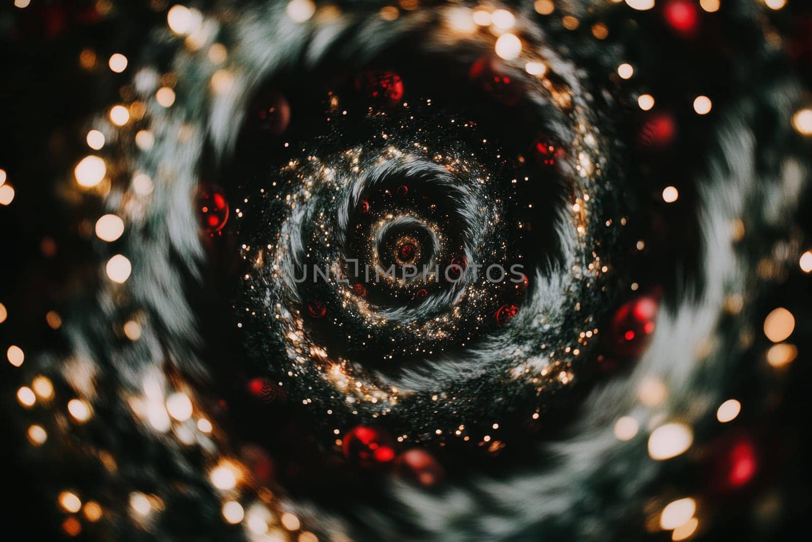 A colorful vortex of lights and Christmas ornaments creates a whimsical and festive atmosphere during the holiday season.