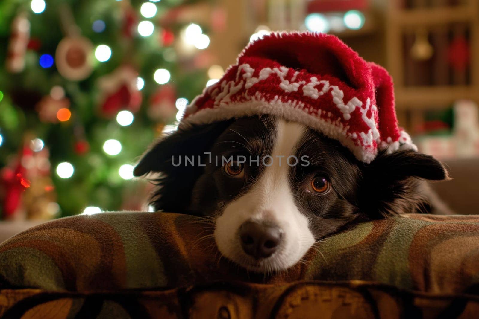 A dog relaxes on a cushion while wearing a Christmas hat surrounded by a beautifully decorated tree with lights.