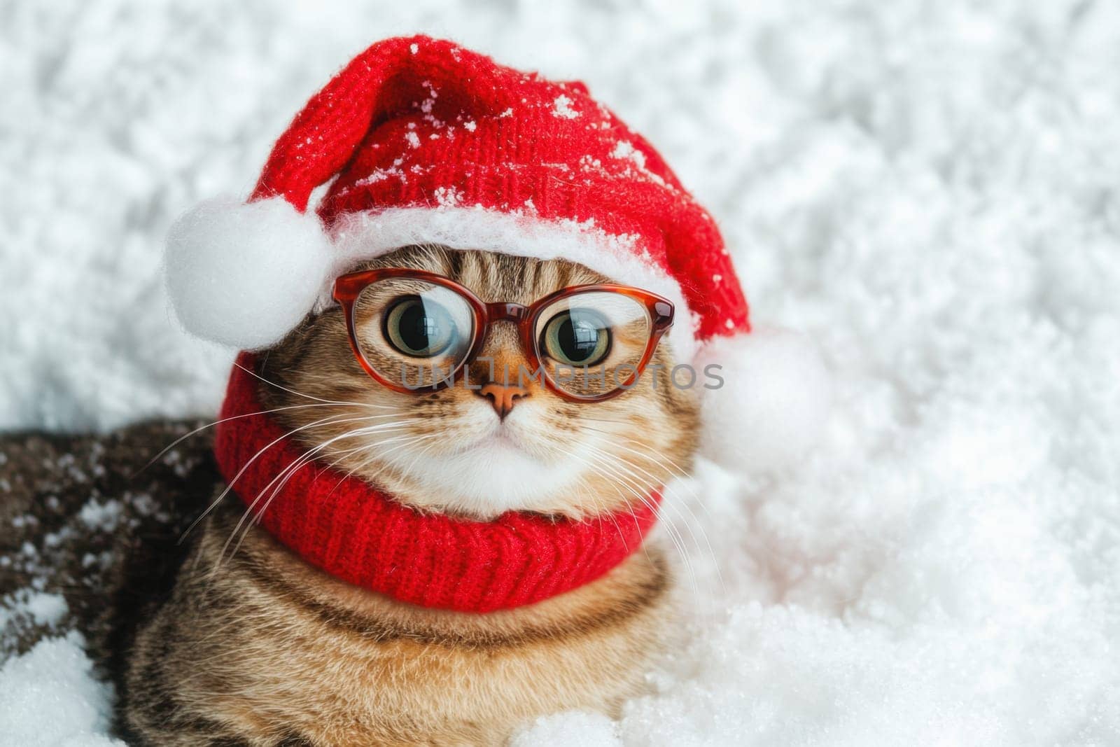 A fluffy cat dressed in a red Santa hat and round glasses sits in fresh snow during winter exuding charm and holiday spirit.